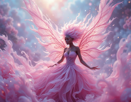 3d illustration of a beautiful fairy girl with pink wings on a fantasy backgroundの素材
