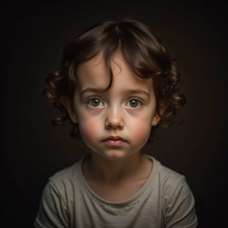 Portrait of a cute little girl with curly hair on a dark backgroundの素材