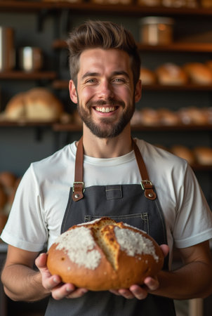 Portrait of a smiling male baker holding a freshly baked loaf of breadの素材