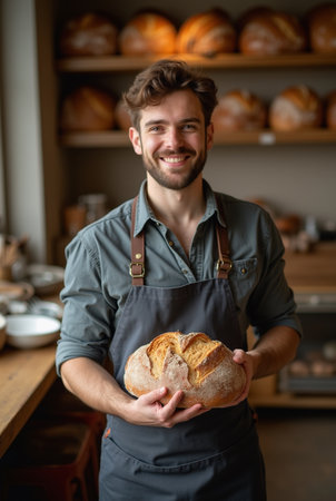 Portrait of a smiling male baker holding a loaf of bread in his bakeryの素材