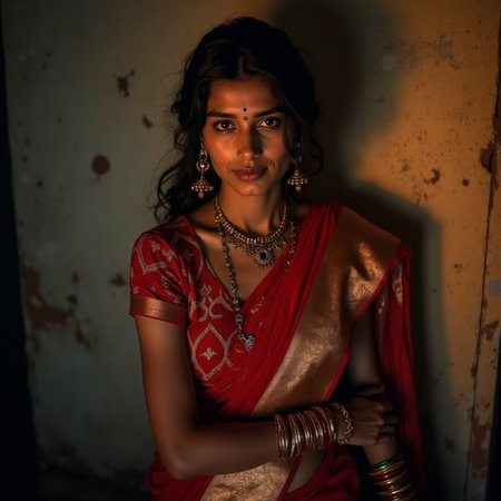 Beautiful Indian woman in red sari in a dark roomの素材