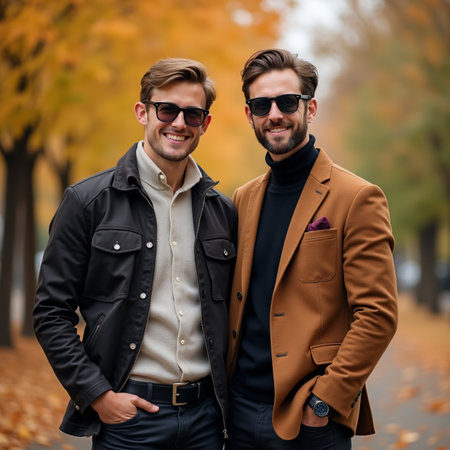 Portrait of two young men in autumn park. Men's fashion.の素材