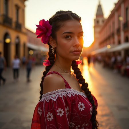 Portrait of a beautiful girl with braids in the city center.の素材