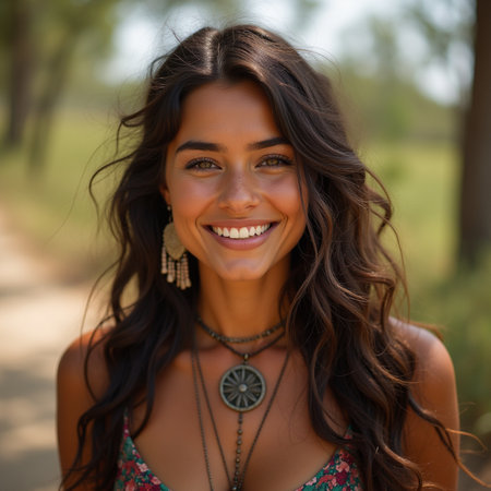 Close up portrait of a beautiful young brunette woman smiling, outdoorsの素材