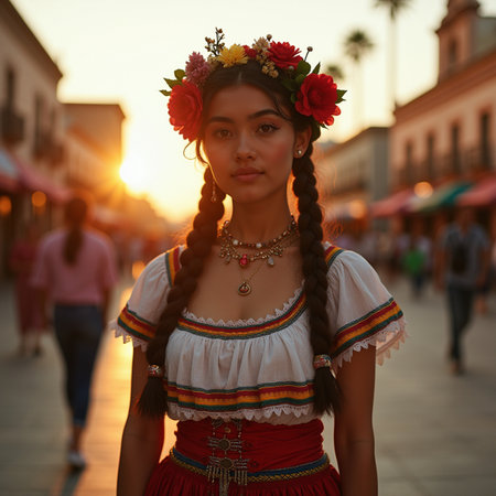 Beautiful young woman with braids in a traditional Romanian costume.の素材