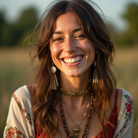 Portrait of a beautiful young hippie woman in a field.の素材