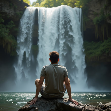 Man sitting on a rock and looking at the waterfall in the forestの素材