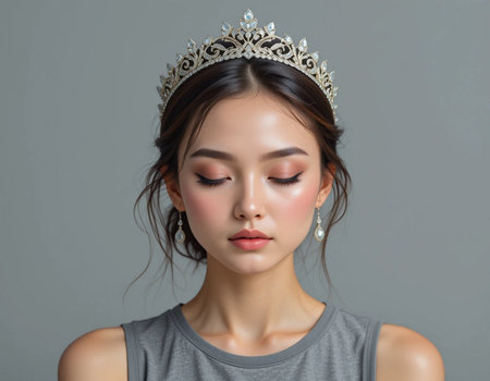 Portrait of beautiful Asian woman with makeup and crown on gray backgroundの素材