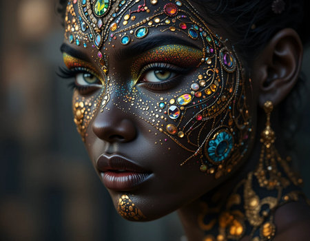 Portrait of a beautiful young woman with creative make-up and bodyartの素材