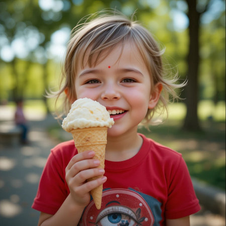Cute little girl eating ice cream in the park. Outdoor portraitの素材