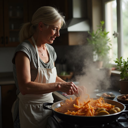 Mature woman cooking pasta at home in the kitchen. Healthy eating and dieting concept.の素材