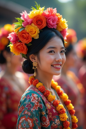 Unidentified Thai people in traditional costume at the annual Umbrella festival in Chiang Mai, Thailand.の素材
