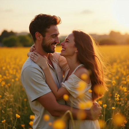 Happy young couple embracing in a field of yellow flowers at sunset.の素材