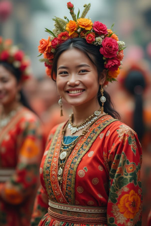 Portrait of a beautiful young woman wearing traditional clothes during the annual Flower Festival in Kuala Lumpur.の素材