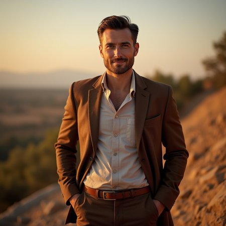 Handsome young man in a brown jacket on the top of a mountain.の素材
