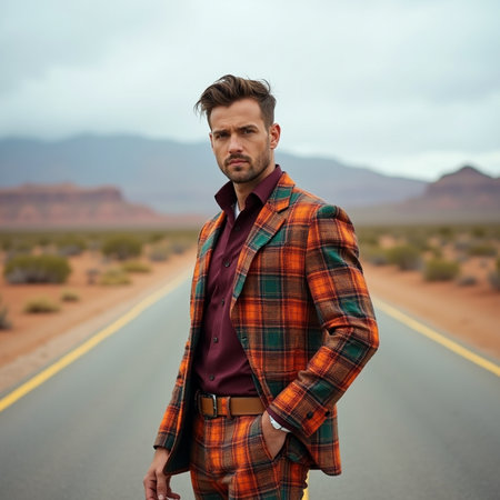 Handsome man in a plaid jacket walking on an empty road in the desertの素材