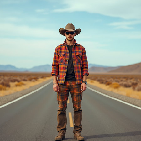 Handsome cowboy in checkered shirt and hat standing on the roadの素材