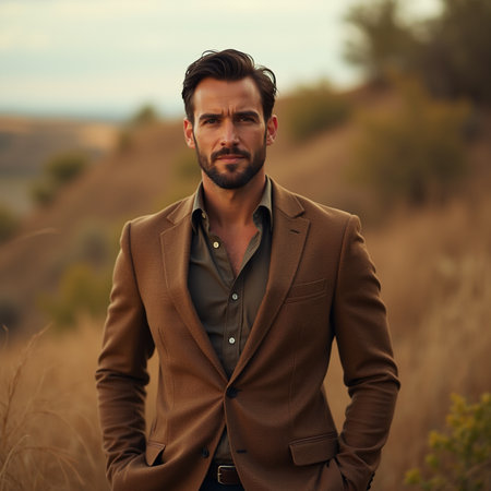 Portrait of a handsome man in a brown jacket standing in a field.の素材