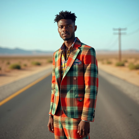 Handsome african american man in checkered jacket standing on roadの素材