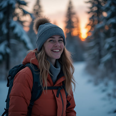 Beautiful girl in the winter forest at sunset. A woman in a red jacket and a hat with a backpack.の素材