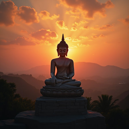 Buddha statue on the mountain at sunset, 3d renderの素材