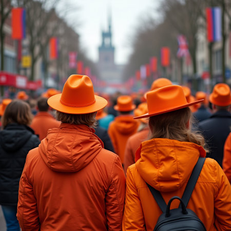 Rear view of a group of people with orange hats walking in the street.の素材