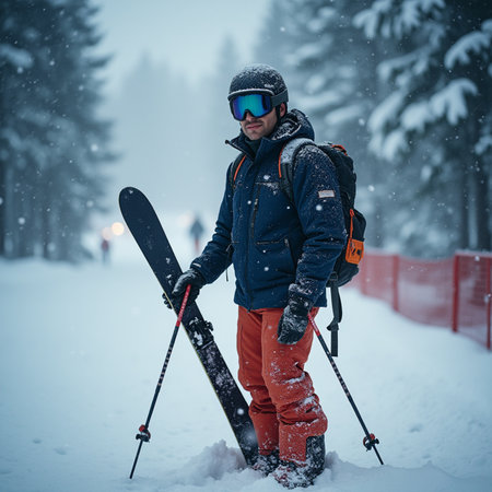 Male skier standing on the slope in the mountains and looking at the cameraの素材