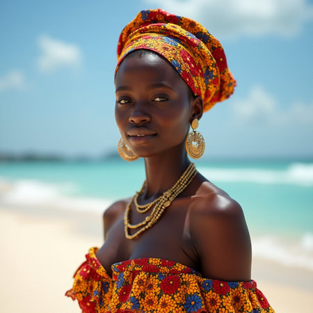 Portrait of beautiful young African woman in traditional clothes posing on beachの素材