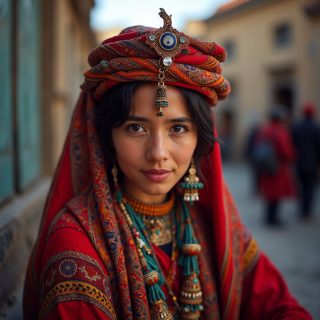 Beautiful Indian woman wearing traditional clothing and shawl.の素材