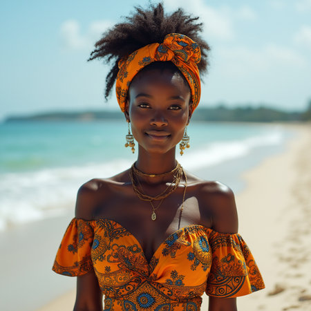 Beautiful young African woman with afro hairstyle in orange dress posing on the beach.の素材
