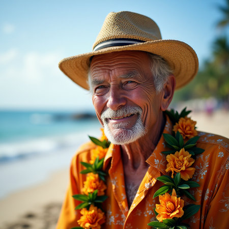 Portrait of a senior man in a hat with flowers on the beachの素材