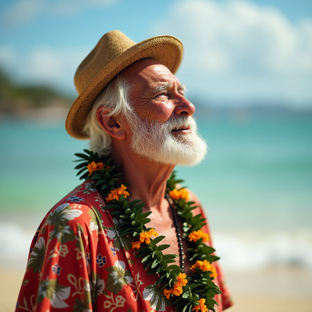 Portrait of happy senior man in Hawaiian shirt and hat on the beachの素材