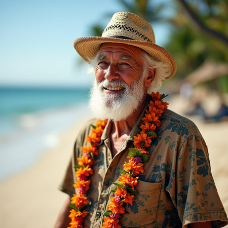 Portrait of a senior man with a long white beard wearing a straw hat on the beachの素材