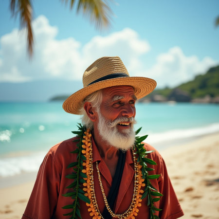 Portrait of happy senior man on tropical beach at Seychellesの素材
