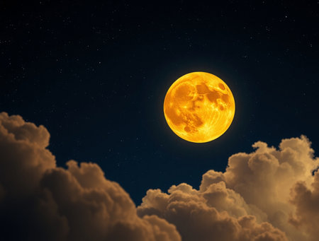 Super full moon in the night sky with clouds and stars. 3d renderingの素材