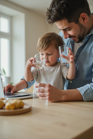 Father and son drinking water and using laptop at table in kitchen at homeの素材