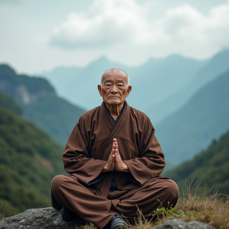 Buddhist monk meditating in the lotus position on the mountainの素材
