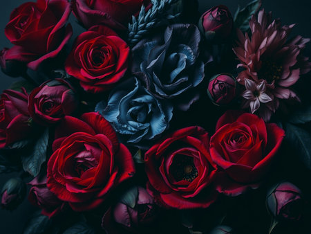 Beautiful bouquet of red roses on a dark background. Toned.の素材