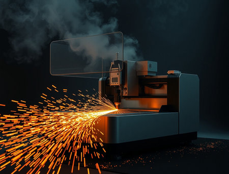 3d rendering of a laser cutting machine with sparks flying out of itの素材