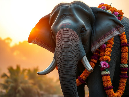 Close up of elephant head with flower garland in the morning.の素材