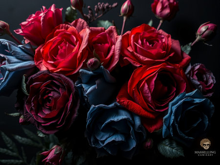 Beautiful red roses on a black background. Flat lay, top view.の素材