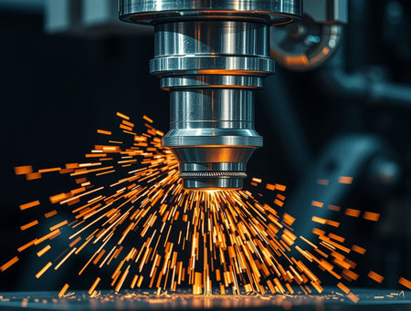 The CNC milling machine cutting the automotive part with the sparking light. The hi-technology mold and die manufacturing process.の素材