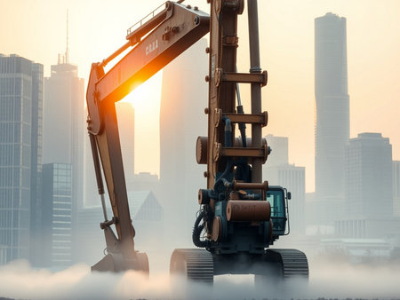 Excavator working at construction site with foggy cityscape backgroundの素材