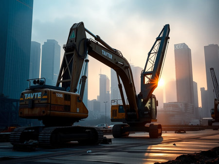 Construction site with cranes and building silhouettes at sunset, Shanghai, Chinaの素材