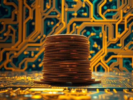 Stack of coins on the circuit board background. Business and finance concept.の素材