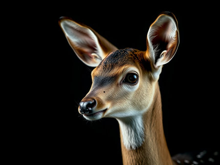 Portrait of a baby deer on a black background. Studio shot.の素材