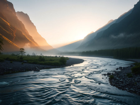 Mountain river in the morning. Altai, Siberia, Russiaの素材