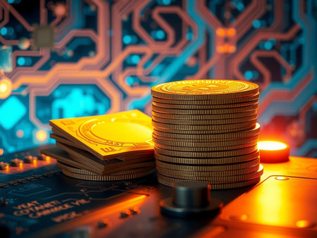 Stack of golden dollar coins on circuit board background. Business and finance concept.の素材