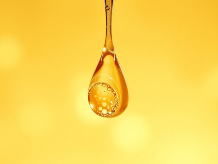 golden honey dripping from a spoon on a yellow background, close upの素材