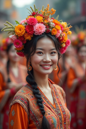 Unidentified Vietnamese girl in traditional costume during the annual Lunar New Year parade.の素材